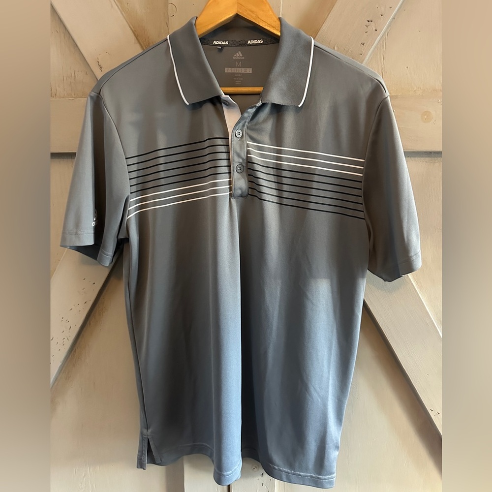 Adidas Golf Polo Shirt Mens Medium Gray Striped Performance Short Sleeve